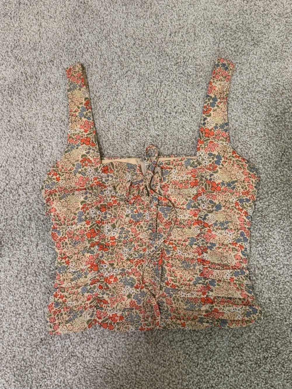Showpo Floral Lace-Up Smocked Crop Top - Beige with Coral & Blue Flowers US 4